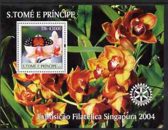 St Thomas & Prince Islands 2004 Butterflies & Orchids perf s/sheet containing 1 value with Rotary Logo unmounted mint  Mi BL 509, stamps on butterflies, stamps on flowers, stamps on orchids, stamps on rotary