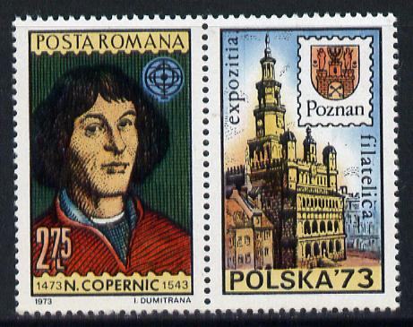 Rumania 1973 'Polska '73' Stamp Exhibition (Copernicus se-tenant with label) unmounted mint, SG 3985, Mi 3109, stamps on , stamps on  stamps on personalities, stamps on  stamps on maths, stamps on  stamps on science, stamps on  stamps on stamp exhibitions, stamps on  stamps on copernicus, stamps on  stamps on astronomy