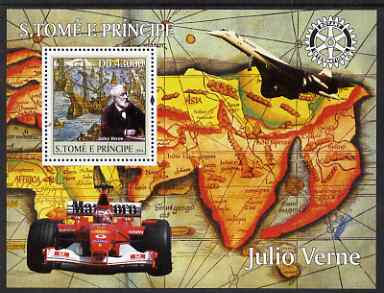 St Thomas & Prince Islands 2004 Jules Verne perf s/sheet containing 1 value with Rotary Logo unmounted mint  Mi BL 499, stamps on literature, stamps on personalities, stamps on concorde, stamps on aviation, stamps on cars, stamps on racing cars, stamps on maps, stamps on ferraru, stamps on  f1 , stamps on formula 1, stamps on rotary, stamps on ships, stamps on 