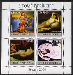 St Thomas & Prince Islands 2004 Spanish Paintings perf sheetlet containing 4 values unmounted mint, Mi 2559-62, stamps on , stamps on  stamps on arts, stamps on  stamps on dali, stamps on  stamps on goya, stamps on  stamps on velasquex, stamps on  stamps on picasso, stamps on  stamps on nudes