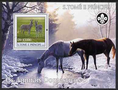 St Thomas & Prince Islands 2004 Domestic Animals perf s/sheet containing 1 value with Scout Logo unmounted mint  Mi BL 513, stamps on , stamps on  stamps on animals, stamps on  stamps on scouts, stamps on  stamps on horses, stamps on  stamps on donkeys