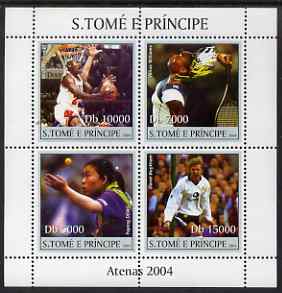 St Thomas & Prince Islands 2004 Athens Olympic Games perf sheetlet containing 4 values unmounted mint, Mi 2639-42, stamps on , stamps on  stamps on olympics, stamps on  stamps on basketball, stamps on  stamps on tennis, stamps on  stamps on football, stamps on  stamps on table tennis, stamps on  stamps on 