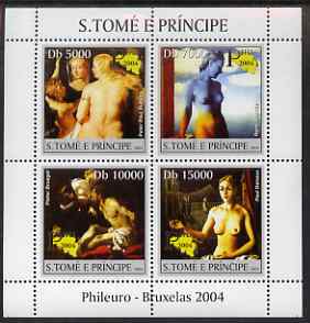 St Thomas & Prince Islands 2004 Nude Paintings (Phileuro) perf sheetlet containing 4 values unmounted mint, Mi 2687-90, stamps on , stamps on  stamps on arts, stamps on  stamps on nudes, stamps on  stamps on bruegel, stamps on  stamps on rubens, stamps on  stamps on stamp exhibitions