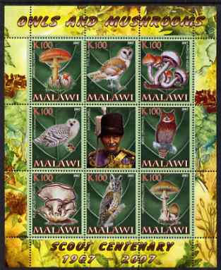 Malawi 2007 Owls & Mushrooms perf sheetlet containing 8 values plus label (Scout Centenary) unmounted mint, stamps on birds, stamps on birds of prey, stamps on owls, stamps on fungi, stamps on scouts