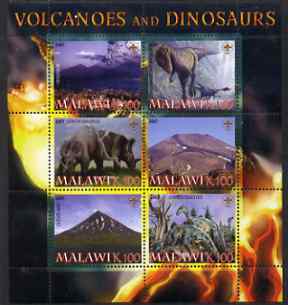 Malawi 2007 Volcanoes & Dinosaurs #1 perf sheetlet containing 6 values each with Scout Logo unmounted mint, stamps on , stamps on  stamps on volcanoes, stamps on  stamps on dinosaurs, stamps on  stamps on scouts