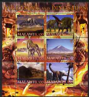 Malawi 2007 Volcanoes & Dinosaurs #2 perf sheetlet containing 6 values each with Scout Logo unmounted mint, stamps on , stamps on  stamps on volcanoes, stamps on  stamps on dinosaurs, stamps on  stamps on scouts