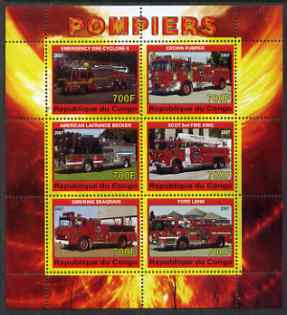 Congo 2007 Fire Engines #2 perf sheetlet containing 6 values unmounted mint, stamps on , stamps on  stamps on fire