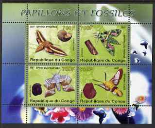 Congo 2007 Butterflies & Fossils #1 perf sheetlet containing 4 values unmounted mint, stamps on butterflies, stamps on fossils, stamps on minerals