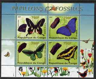 Congo 2007 Butterflies & Fossils #3 perf sheetlet containing 4 values unmounted mint, stamps on butterflies, stamps on fossils, stamps on minerals