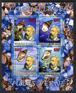 Djibouti 2007 Jules Verne & Shells perf sheetlet containing 4 values unmounted mint, stamps on literature, stamps on personalities, stamps on sci-fi, stamps on verne, stamps on marine life, stamps on shells