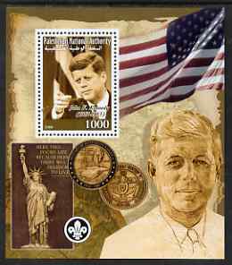 Palestine (PNA) 2008 John F Kennedy perf s/sheet containing 1 value (with Scout Logo) unmounted mint. Note this item is privately produced and is offered purely on its thematic appeal, stamps on , stamps on  stamps on scouts, stamps on  stamps on personalities, stamps on  stamps on kennedy, stamps on  stamps on usa presidents, stamps on  stamps on constitutions, stamps on  stamps on flags, stamps on  stamps on statue of liberty