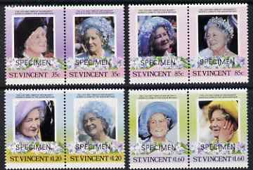 St Vincent 1985 Life & Times of HM Queen Mother set of 8 (4 se-tenant pairs) each overprinted SPECIMEN unmounted mint SG 910-17s, stamps on , stamps on  stamps on royalty, stamps on  stamps on flowers, stamps on  stamps on queen mother