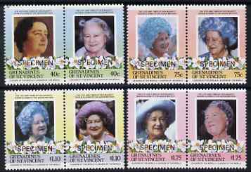 St Vincent - Grenadines 1985 Life & Times of HM Queen Mother set of 8 (4 se-tenant pairs) each overprinted SPECIMEN unmounted mint SG 403-10s, stamps on , stamps on  stamps on royalty, stamps on  stamps on flowers, stamps on  stamps on queen mother