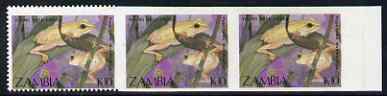 Zambia 1989 Young Reed Frogs 10k horizontal strip of 3, stamps 2 & 3 completely imperf, stamp 1 perf on 3 sides only, unmounted mint, SG 570var, stamps on animals, stamps on amphibians, stamps on frogs