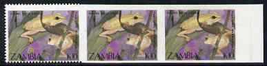 Zambia 1989 Young Reed Frogs 10k horizontal strip of 3, stamps 2 & 3 completely imperf, stamp 1 perf on 3 sides only, unmounted mint, SG 570var, stamps on , stamps on  stamps on animals, stamps on  stamps on amphibians, stamps on  stamps on frogs