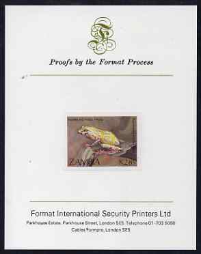 Zambia 1989 Reed Frog 2k85 imperf proof mounted on Format International proof card as SG 569, stamps on , stamps on  stamps on animals, stamps on  stamps on amphibians, stamps on  stamps on frogs