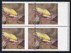 Zambia 1989 Reed Frog 2k85 marginal block of 4 from right of the sheet with superb 10mm misplacement of perforations, (part of stamp blank) unmounted mint SG 569var, stamps on , stamps on  stamps on animals, stamps on  stamps on amphibians, stamps on  stamps on frogs