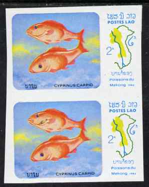 Laos 1983 Fish of Meking River 2k Common Carp imperf pair unmounted mint SG 669var, stamps on fish