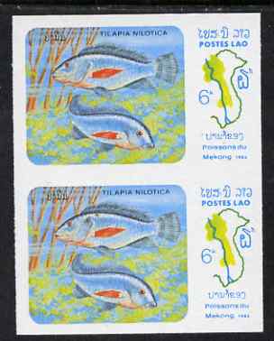 Laos 1983 Fish of Meking River 6k Nile Mouthbrooder imperf pair unmounted mint SG 673var, stamps on fish