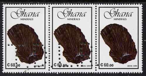 Ghana 1991 minerals 60c Iron Ore strip of 3 with part perfin 'T.D.L.R. SPECIMEN' (Note: blocks of 6 would be required to show the full perfin legend) unmounted mint ex De La Rue archive sheet, stamps on , stamps on  stamps on minerals