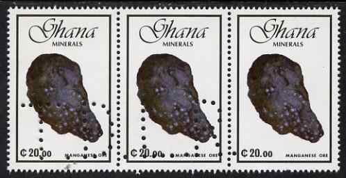 Ghana 1991 minerals 20c Manganese Ore strip of 3 with part perfin 'T.D.L.R. SPECIMEN' (Note: blocks of 6 would be required to show the full perfin legend) unmounted mint ex De La Rue archive sheet, stamps on minerals