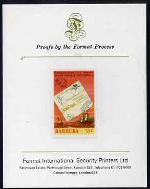 Barbuda 1974 Ship Letter of 1833 35c imperf proof mounted on Format International proof card as SG 177, stamps on , stamps on  stamps on postal, stamps on  stamps on  upu , stamps on  stamps on ships