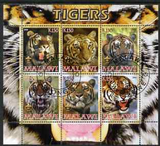 Malawi 2008 Tigers perf sheetlet containing 6 values fine cto used , stamps on animals, stamps on cats, stamps on tigers