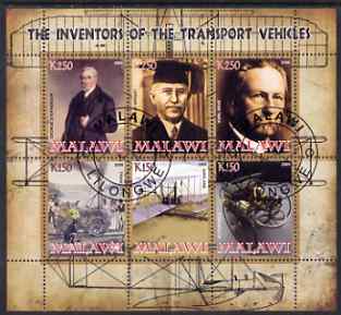 Malawi 2008 Transport Inventors #1 perf sheetlet containing 6 values fine cto used, stamps on , stamps on  stamps on personalities, stamps on  stamps on transport, stamps on  stamps on inventors, stamps on  stamps on railways, stamps on  stamps on aviation, stamps on  stamps on wright, stamps on  stamps on cars