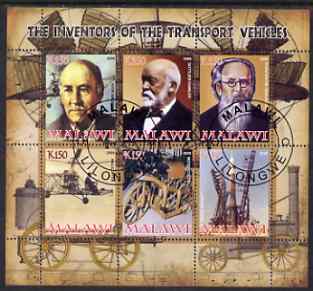 Malawi 2008 Transport Inventors #2 perf sheetlet containing 6 values fine cto used, stamps on personalities, stamps on transport, stamps on inventors, stamps on aviation, stamps on helicopters, stamps on motorbikes, stamps on rockets, stamps on space