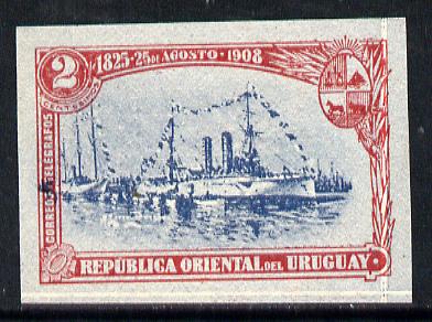 Uruguay 1908 Cruiser Montevideo 2c imperf colour trial in red & blue on gummed blued paper unmounted mint as SG 280, stamps on , stamps on  stamps on ships
