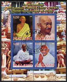 Malawi 2008 Gandhi 60th Death Anniversary perf sheetlet containing 4 values fine cto used, stamps on personalities, stamps on gandhi