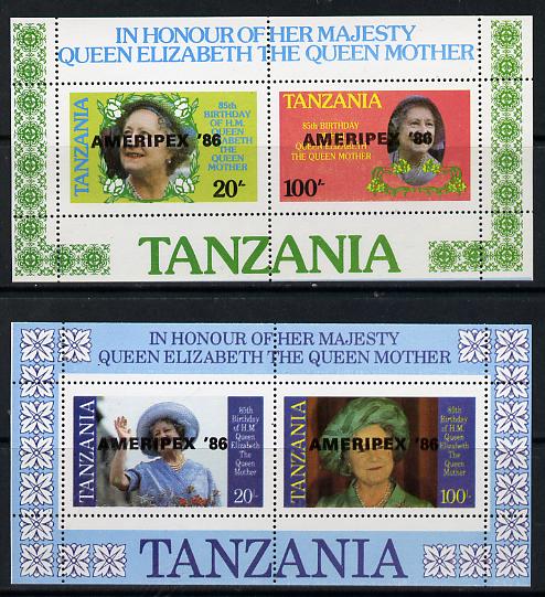 Tanzania 1986 Queen Mother perf proof set of 2 m/sheets each with 'AMERIPEX 86' opt in black (unissued) unmounted mint, stamps on postal, stamps on royalty, stamps on queen mother, stamps on stamp exhibitions