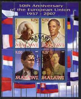 Malawi 2008 European Union 50th Anniversary perf sheetlet containing 4 values fine cto used, stamps on europa, stamps on flags, stamps on de gaulle, stamps on einstein, stamps on judaica, stamps on physics, stamps on nobel, stamps on science, stamps on picasso, stamps on arts, stamps on personalities, stamps on personalities, stamps on einstein, stamps on science, stamps on physics, stamps on nobel, stamps on maths, stamps on space, stamps on judaica, stamps on atomics