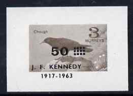 Calf of Man 1966 Chough 50m on 3m with Kennedy overprint imperf proof of central vignette in brown with frame omitted and opt misplaced on gummed paper handstamped Proof ..., stamps on birds, stamps on choughs, stamps on kennedy, stamps on usa presidents
