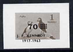 Calf of Man 1966 Puffin 70m on 1m with Kennedy overprint imperf proof of central vignette in brown with frame omitted and opt misplaced on gummed paper handstamped Proof ..., stamps on birds, stamps on puffins, stamps on kennedy, stamps on usa presidents