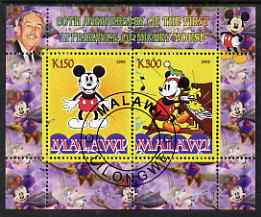 Malawi 2008 Disney - 80th Anniversary of Mickey Mouse perf sheetlet #5 containing 2 values fine cto used, stamps on , stamps on  stamps on disney