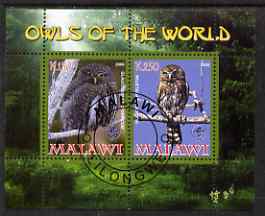 Malawi 2008 Owls of the World perf sheetlet #3 containing 2 values with Scout Logo fine cto used, stamps on , stamps on  stamps on birds, stamps on  stamps on birds of prey, stamps on  stamps on owls, stamps on  stamps on scouts
