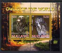 Malawi 2008 Owls of the World perf sheetlet #5 containing 2 values with Scout Logo fine cto used, stamps on , stamps on  stamps on birds, stamps on  stamps on birds of prey, stamps on  stamps on owls, stamps on  stamps on scouts