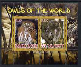 Malawi 2008 Owls of the World perf sheetlet #6 containing 2 values with Scout Logo fine cto used, stamps on birds, stamps on birds of prey, stamps on owls, stamps on scouts