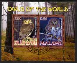 Malawi 2008 Owls of the World perf sheetlet #8 containing 2 values with Scout Logo fine cto used, stamps on birds, stamps on birds of prey, stamps on owls, stamps on scouts