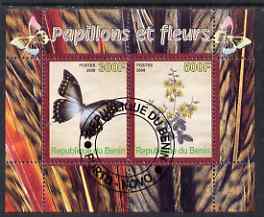 Benin 2008 Butterflies & Flowers perf sheetlet containing 2 values fine cto used, stamps on butterflies, stamps on flowers