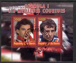 Benin 2008 Formula 1 - Great Drivers perf sheetlet #2 containing 2 values (A Senna & A Prost) fine cto used, stamps on , stamps on  stamps on personalities, stamps on  stamps on cars, stamps on  stamps on  f1 , stamps on  stamps on formula 1, stamps on  stamps on racing cars