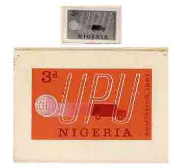 Nigeria 1961 Admission into UPU superb piece of original artwork for 3d value probably by M Goaman, similar concept as issued stamp, size 6.5x4 plus stamp-size black & white photographic reproduction, stamps on , stamps on  stamps on , stamps on  stamps on  upu , stamps on  stamps on 