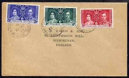 Falkland Islands 1937 KG6 Coronation set of 3 on plain cover with first day cancel addressed to the forger, J D Harris.  Harris was imprisoned for 9 months after Robson L..., stamps on , stamps on  kg6 , stamps on forgery, stamps on forger, stamps on forgeries, stamps on coronation