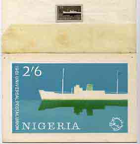 Nigeria 1961 Admission into UPU superb piece of original artwork for 2s6d value probably by M Goaman, showing mail boat, size 6.5x4 plus stamp-size black & white photogra..., stamps on , stamps on  upu , stamps on 