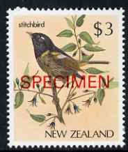 New Zealand 1982-89 Stitchbird $3 from Native Birds def set overprinted SPECIMEN unmounted mint, SG 1294s, stamps on birds