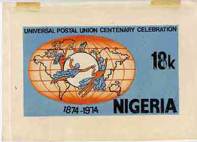 Nigeria 1974 Centenary of UPU - original artwork for 18k value (similar to issued 5k) by NSP&MCo Staff Artist Samuel A M Eluare on card 9x5 with overlay, stamps on , stamps on  stamps on , stamps on  stamps on  upu , stamps on  stamps on 