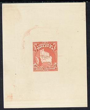 Bolivia 1930 Perkins Bacon die proof of 15c Map (SG 256) in vermilion on wove paper 3x3, stamps on maps