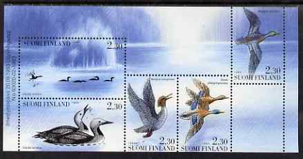 Finland 1993 Water Birds 11m50 booklet pane unmounted mint, SG 1333a, stamps on birds, stamps on mallard, stamps on goosander, stamps on divers, stamps on 
