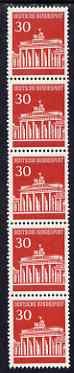 Germany - West 1966 Brandenburg Gate 30 pfg coil strip of 5 (one with number on back) unmounted mint, SG 1414, stamps on tourism, stamps on monuments
